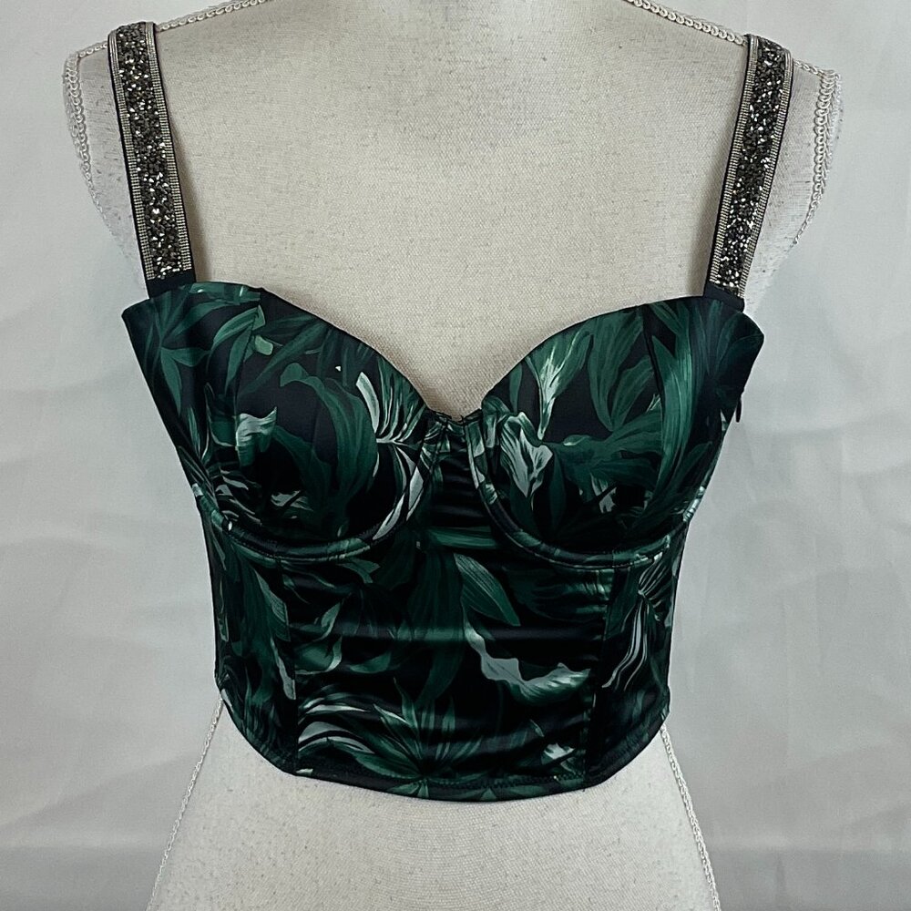 Victoria's Secret Very Sexy Bustier Bra 34C Green Black Tropical Rhinestone
